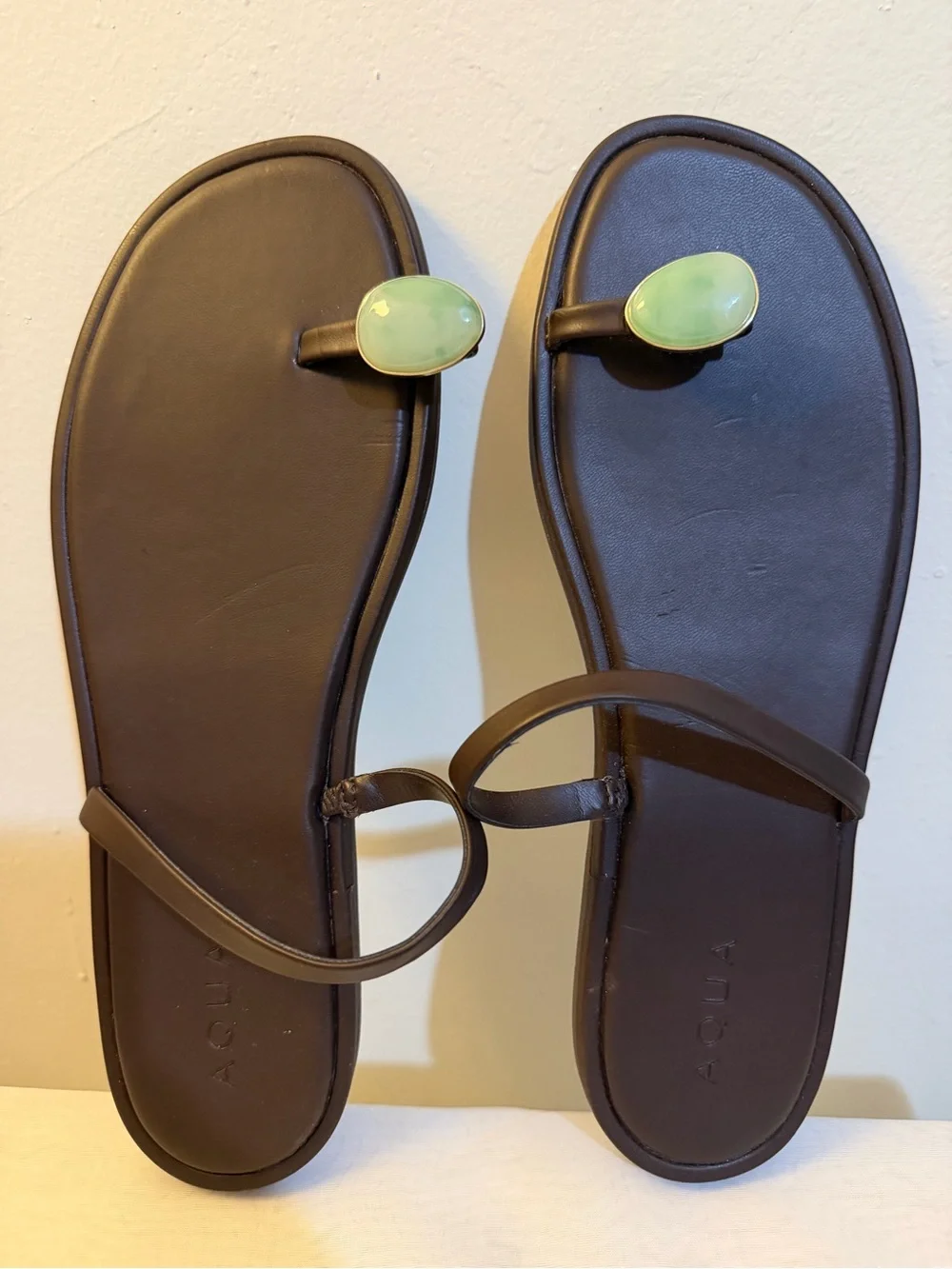 Aqua Brown Toe-Loop Sandals with Green Gem Accent